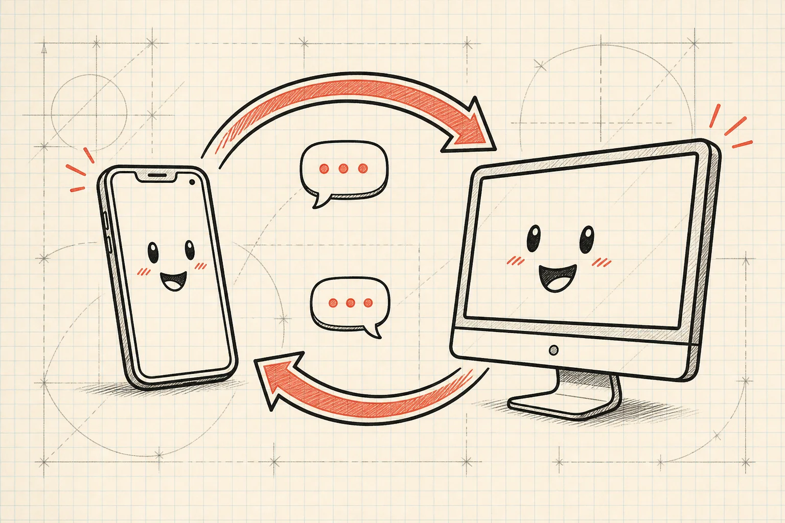 A phone and a computer connected by two-way arrows, a bidirectional bridge